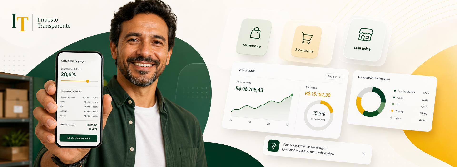Precifique produtos nos marketplaces com Imposto Transparente: margem, comissões e impostos claros