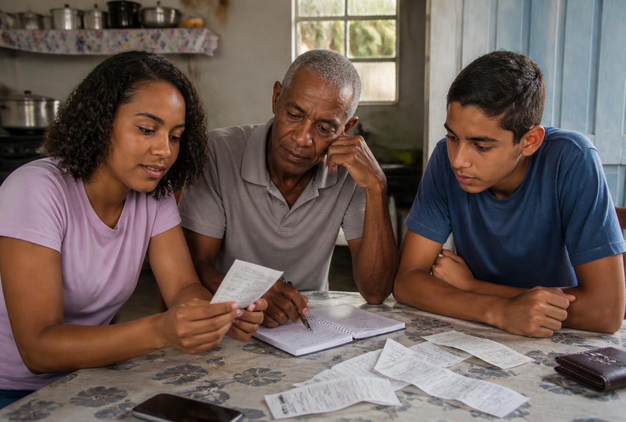 Família brasileira reunida à mesa da cozinha analisando notas fiscais e aprendendo sobre impostos
