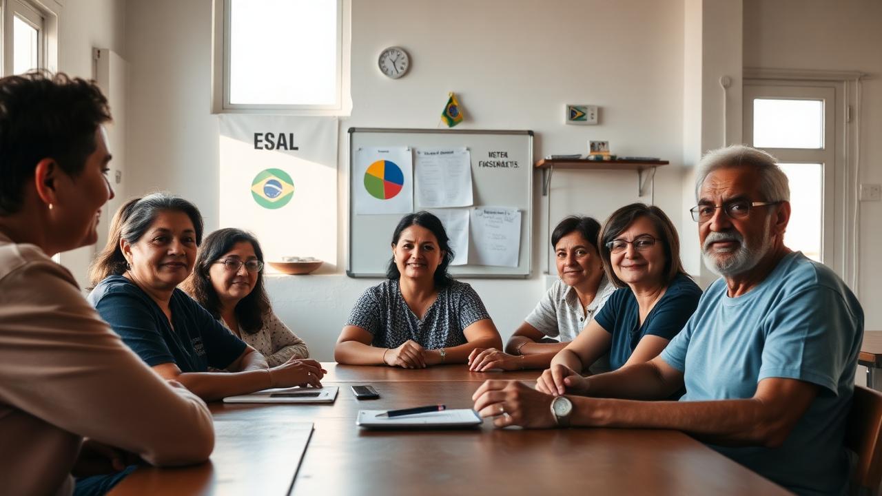 Brasileiros de diferentes idades reunidos num centro comunitário discutindo o orçamento da cidade