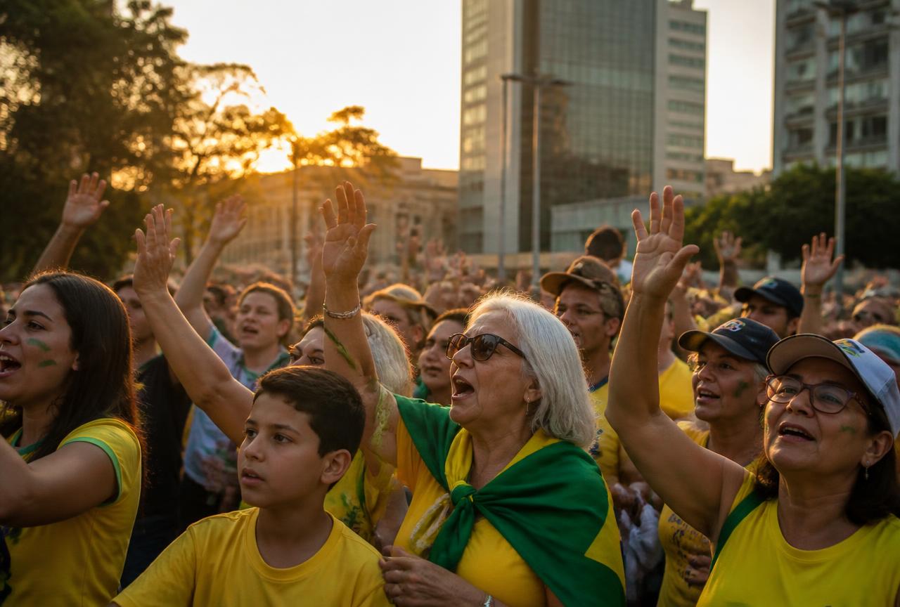 Brasileiros de diferentes idades reunidos em praça pública pedindo redução de impostos